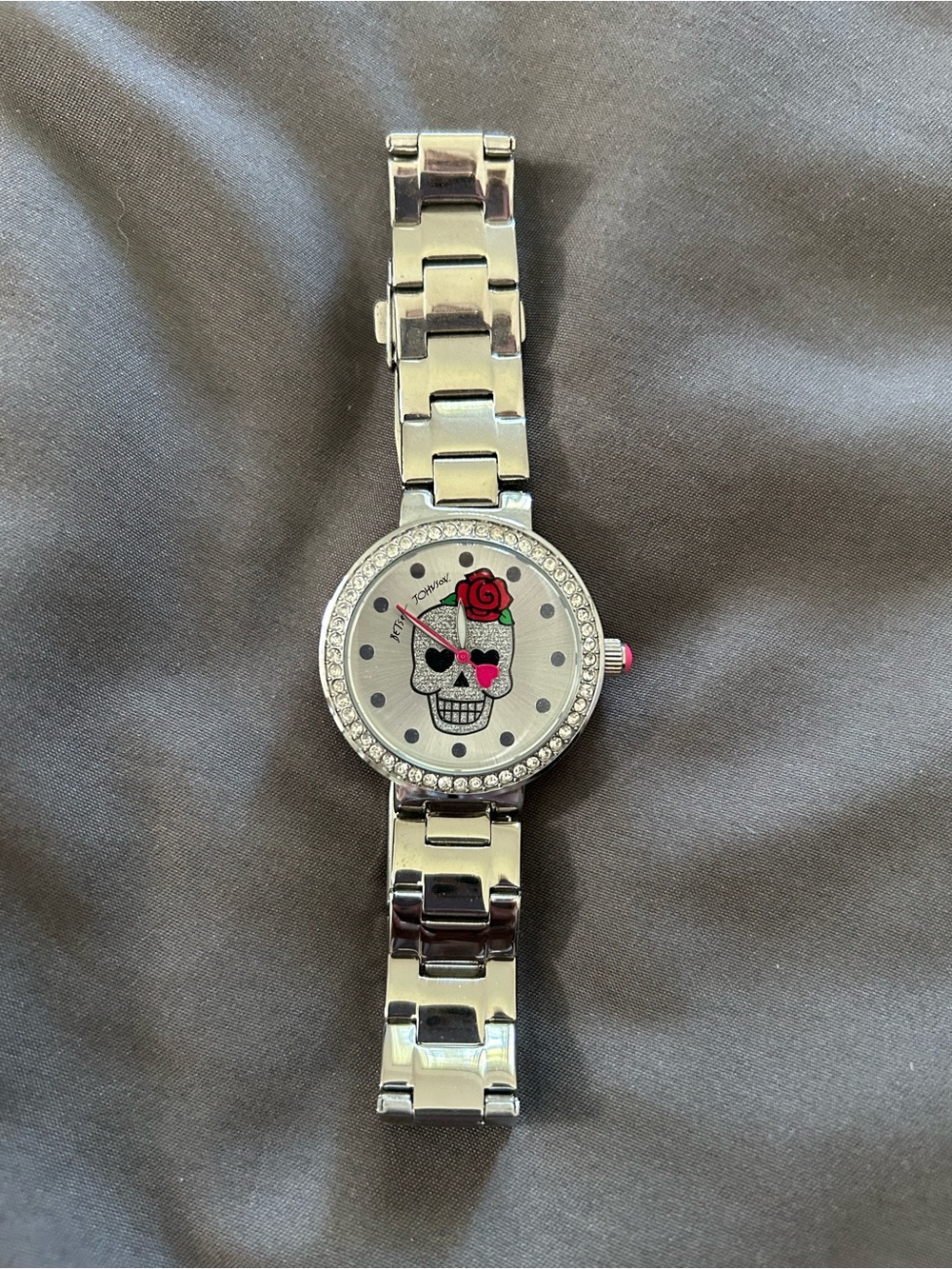 Betsey Johnson Silver Skull Watch with Pink Rose Accent